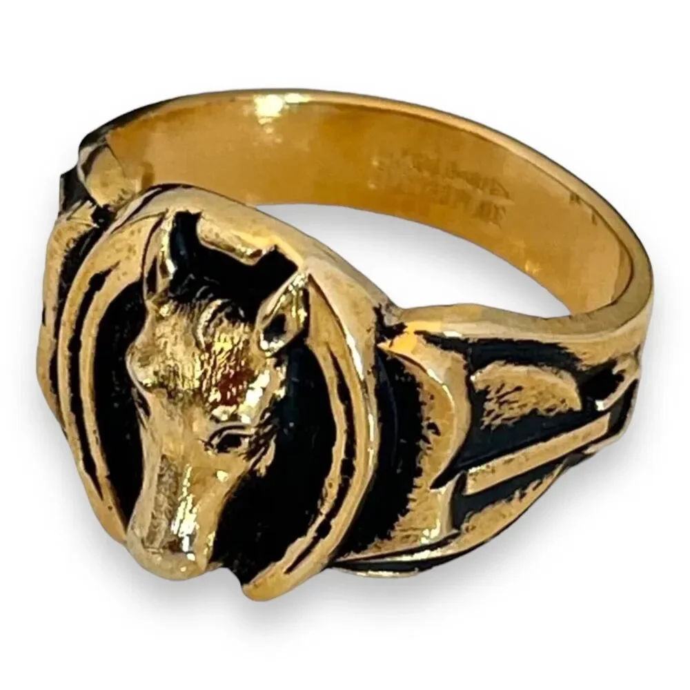 Vintage 1970s Ring Size 11 Clark Coombs Horse Horseshoe Figural Gold Plate - 14P